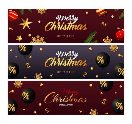 Set of pictures with bright decorations and special offer. Christmas. Abstract design background. Vector illustration. Holiday concept for invitations, signs, announcementsのイラスト素材