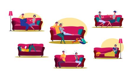 Set of man and woman spending time at home. Group of couples living together. Life together concept. Vector illustration can be used for presentation, project, webpageのイラスト素材