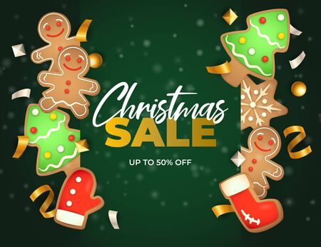 Christmas sale banner with ginger bread on green ground. Lettering can be used for invitations, post cards, announcementsのイラスト素材