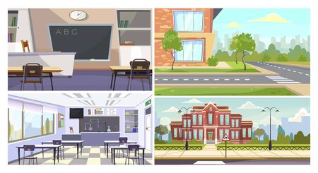 School vector illustration set. School buildings, road, street, classroom with desks and blackboards. Education conceptのイラスト素材