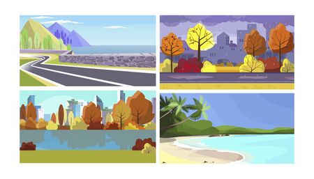 Season and weather vector illustration set. Tropical beach with clear sky, summer mountains, autumn rain in city park. Seasonal landscapes conceptのイラスト素材