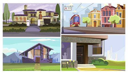 Traditional and modern buildings vector illustration set. Mansion facade, old city street with tram, apartment house. Architecture conceptのイラスト素材