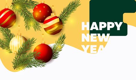 Happy New Year lettering with fir-tree twigs and baubles. New Year Day greeting card. Handwritten text, calligraphy. For leaflets, brochures, invitations, posters or banners.のイラスト素材