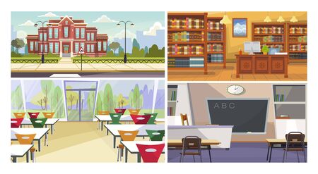 School spaces vector illustration set. Canteen, library, classroom interior with desks and blackboard, building facade. Education conceptのイラスト素材