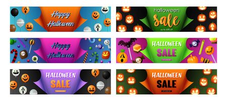 Halloween sale black, blue, purple banner set with pumpkins. Halloween, October, trick or treat. Lettering can be used for greeting cards, invitations, announcementsのイラスト素材