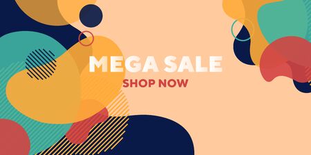 Sale shop now abstract banner design with overlaid forms. Fluid dynamical shapes, flowing liquid, beige background. Trendy design for posters, flyers, advertising designのイラスト素材