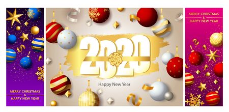 New Year postcard set with red, blue and gold baubles, confetti, streamer, ribbon, bow. Vector...