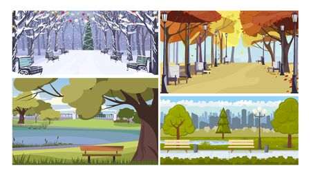 City park in all seasons flat vector illustration set. Parks with trees, benches, lake. Tourism and nature conceptのイラスト素材