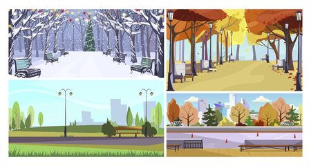 City parks flat vector illustration set. Christmas tree, autumn view, summer park. Tourism and nature conceptのイラスト素材
