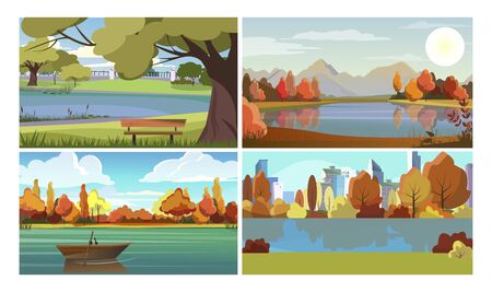 Ponds flat vector illustration set. Autumn, park, forest, mountains. Tourism and nature conceptのイラスト素材