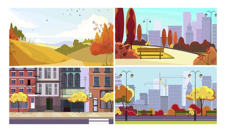 Travel outdoors flat vector illustration set. Autumn city and country landscape with trees, country meadow, buildings. Tourism and nature conceptのイラスト素材