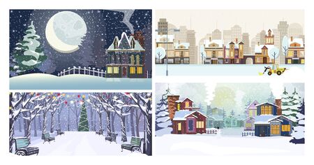Winter city flat vector illustration set. Winter city landscape with snow, cozy houses, moon, park, Christmas tree. Tourism and nature conceptのイラスト素材