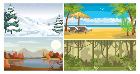 Nature in all seasons flat vector illustration set. Winter and autumn in mountains, tropical island, jungle. Tourism and nature conceptのイラスト素材