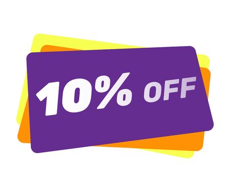 Ten percent off discount poster design. Violet, orange, yellow abstract irregular shapes. Sale and shopping concept. Vector illustration for advertising flyers, signs, bannersのイラスト素材