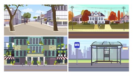 City infrastructure flat vector illustration set. City centre, shops, bus stop, residential area. Tourism and nature conceptのイラスト素材