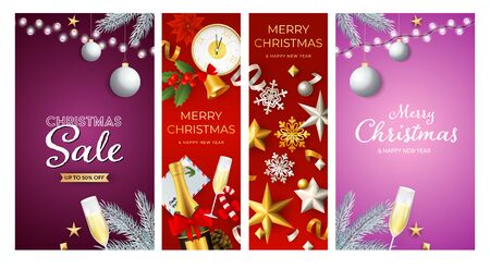 Christmas Sale poster set with champagne flutes, midnight clock, baubles, confetti, mistletoe, candy cane. Vector illustration for advertising flyers, banner designのイラスト素材