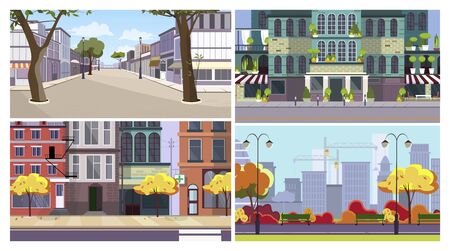 City buildings flat vector illustration set. City view with tower blocks, houses, park, city districts. Tourism and cityscape conceptのイラスト素材