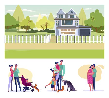 Happy parents flat vector illustration set. Family, couple walking with kids and pets, man hugging pregnant wife. Raising children conceptのイラスト素材