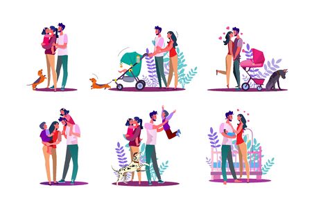 Happy family set. Couple with kids walking, enjoying time together. Flat illustrations. Family, love, lifestyle concept for banner, website design or landing web pageのイラスト素材