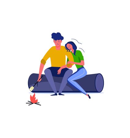Young couple frying marshmallow. Couple, romance, flirt, date flat vector illustration. Leisure activity and free time concept for banner, website design or landing web pageのイラスト素材
