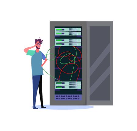 Man standing and looking at internet database server. Surprised network engineer going to fix data server flat vector illustration. Technology concept for banner, website design or landing web pageのイラスト素材