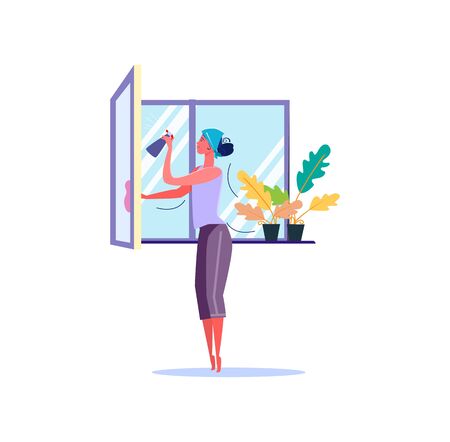 Woman washing window with cloth.のイラスト素材