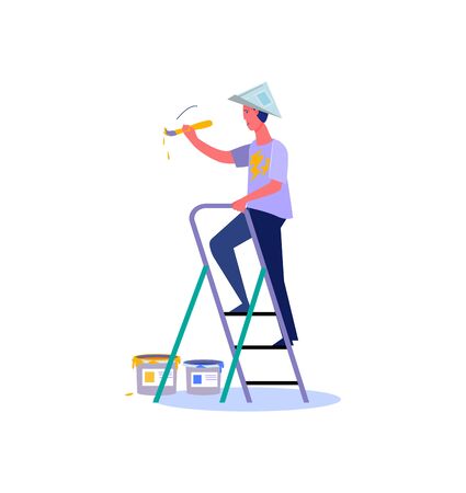 Cheerful man character holding brush and painting.のイラスト素材