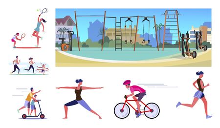 Set of active people during workout. Flat vector illustrations of families playing tennis, running marathon, stretching, riding bicycle. Sport concept for banner, website design or landing web pageのイラスト素材