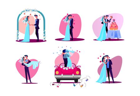 Set of just married couple. Flat vector illustrations of bride and groom during wedding day. Wedding concept for banner, website design or landing web pageのイラスト素材