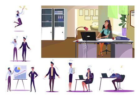 Set of business people during work. Flat vector illustrations of employees working, searching ways to solve problems, sleeping. Working process concept for banner, website design or landing web pageのイラスト素材