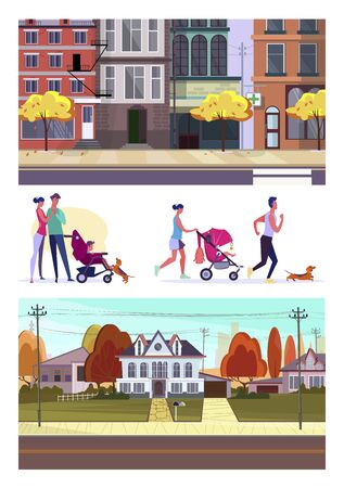 Set of families with kids and dogs. Flat vector illustrations of parents standing and running with prams. Family leisure concept for banner, website design or landing web pageのイラスト素材