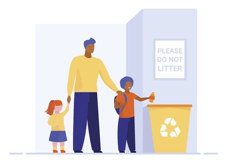 Dad with kids throwing litter in recycling bin. Parent with children tossing garbage flat vector illustration.  Ecology, recycling family concept for banner, website design or landing web pageのイラスト素材