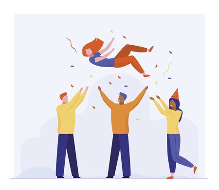 Young woman celebrating birthday with friends. Team throwing mate up flat vector illustration. Party, celebration, friendship concept for banner, website design or landing web pageのイラスト素材