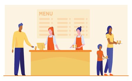 Fast food restaurant counter. Checkout, cashiers, menu, customers with trays flat vector illustration. Cafe, diner, eating concept for banner, website design or landing web pageのイラスト素材