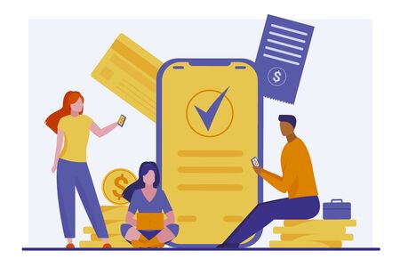Finance and payment security. People using laptop, smartphones, transferring money flat vector illustration. Online payment, transaction, banking concept for banner, website design or landing web pageのイラスト素材