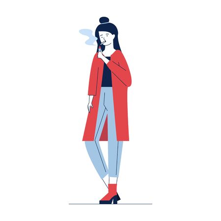Female smoker lighting cigarette. Smoking young woman flat vector illustration. Addiction, problem, unhealthy lifestyle concept for banner, website design or landing web pageのイラスト素材