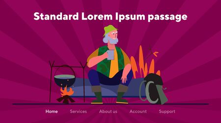 Aged traveler drinking tea near campfire. Old man sitting on log flat vector illustration. Camping, hiking, expedition concept for banner, website design or landing web pageのイラスト素材