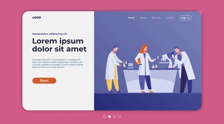 Lab workers analyzing samples. Assistants using microscope, test tubes flat vector illustration. Laboratory, medical test, chemical analysis concept for banner, website design or landing web pageのイラスト素材