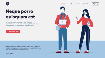 Cartoon man holding laptop. Student girl waving hand flat vector illustration. Communication, student couple, wireless connection concept for banner, website design or landing web pageのイラスト素材