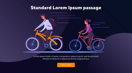 Couple riding bikes together. Man and woman, cycling, bicycle flat vector illustration. Summer, outdoor activity, lifestyle concept for banner, website design or landing web pageのイラスト素材