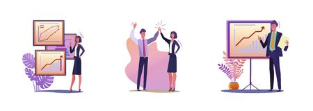 Set of business people presenting ideas. Flat vector illustrations of men and women in suits being...