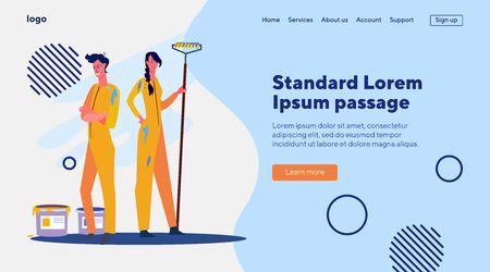 Couple of wall painters. Man and woman with roller and paints making home improvement flat vector illustration. House renovation, job, repair concept for banner, website design or landing web pageのイラスト素材