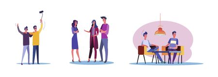 Set of casual people having fun together. Flat vector illustrations of men and women being friends. Friendship and relationship concept for banner, website design or landing web pageのイラスト素材