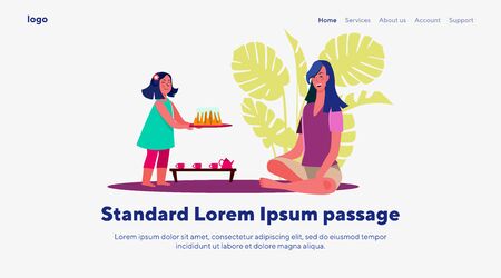 Young woman playing with little daughter. Girl, bakery, tea party flat vector illustration. Leisure, cooking, activity concept for banner, website design or landing web pageのイラスト素材