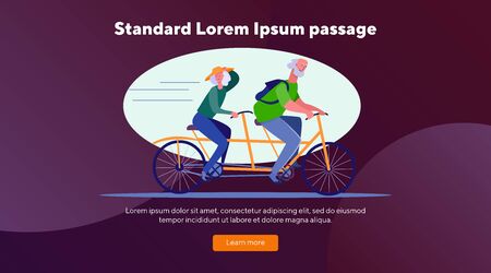 Retired couple riding tandem bicycle. Grey haired man and woman, cycling, bike flat vector illustration. Outdoor activity, lifestyle, retirement concept for banner, website design or landing web pageのイラスト素材