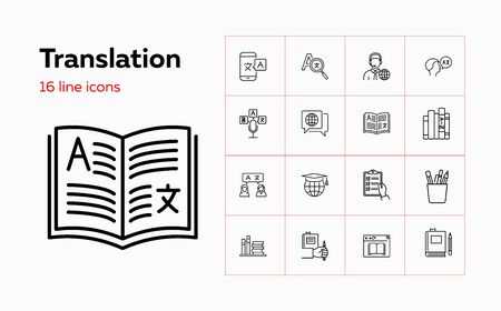 Translation icons. Set of line icons. Dictionary, online translator, language. Linguistics concept. Vector illustration can be used for topics like education, communication, applicationsのイラスト素材