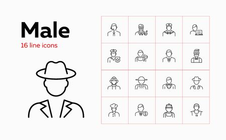 Male line icon set. Blue collar, farmer, police officer, businessman. People concept. Can be used for topics like job, occupation, laborのイラスト素材