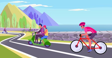 People riding bikes and scooters along seaside. Bike lane, cyclist, bicycle flat vector illustration. Activity, lifestyle, transportation concept for banner, website design or landing web pageのイラスト素材