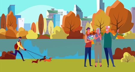 People in autumn park. Man walking dog, senior couple dating flat vector illustration. Lifestyle, fall, activity outdoors concept for banner, website design or landing web pageのイラスト素材