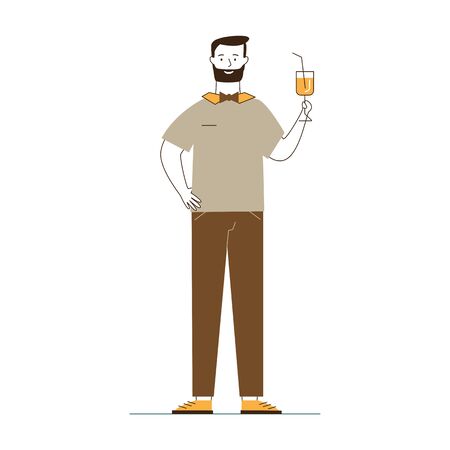 Bartender holding cocktail. Male waiter in bowtie offering drink flat vector illustration. Restaurant, bar, party concept for banner, website design or landing web pageのイラスト素材